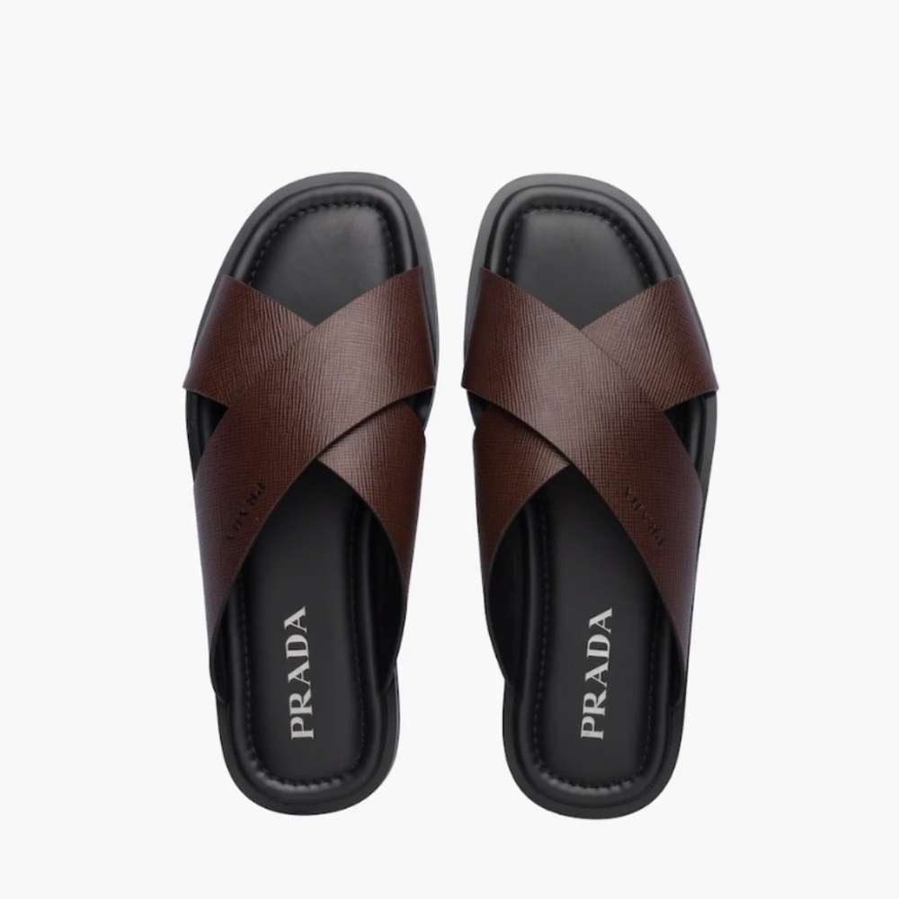 Prada Saffiano Cuir  Brown Leather Sandals